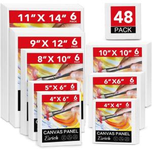ESRICH 48 Pack Canvas Boards for Painting, 6Pcs of 4×4, 4×6, 5×6, 6×6, 8×10, 10×10, 9×12, 11×14 Canvas for Painting, Cotton Primed Blank Painting Canvas Panels for Oil, Acrylic, Watercolor(48 Pack(4×4 4×6 5×6 6×6 8×10 10×10 9×12 11×14))