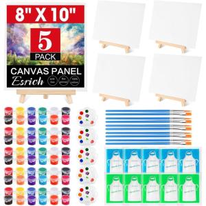 ESRICH 5 Pack 8×10 Canvas Painting Kits for Adults with Easel, Mini Acrylic Paint, Paint Brushes, Palettes, Aprons, Sip and Paint Kits for Adults Couples Friends Date Night Painting Party Supplies