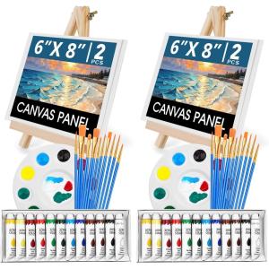 ESRICH 52PCS Acrylic Paint Canvas Set, Acrylic Painting Kit with 2 Set of 12 Colors Acrylics Paint,Paint Brushes,Canvas, Wooden Easels, Art Plates, Art Painting Supplies for Kids Adults Beginners(24)