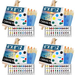 ESRICH 52PCS Acrylic Paint Canvas Set, Acrylic Painting Kit with 2 Set of 12 Colors Acrylics Paint,Paint Brushes,Canvas, Wooden Easels, Art Plates, Art Painting Supplies for Kids Adults Beginners(48)
