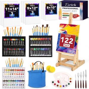 ESRICH 78Pack Acrylic Paint Set, Painting Kits for Adults, Paints Kit With3 Pack of 12 Colors Paint 3 Sets of Wooden Easels, Canvas, Brushes, Palette, Art Paint Supplies Kit for Adults Beginner(72Color)