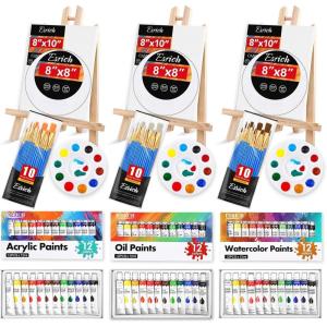 ESRICH 78Pack Acrylic Paint Set, Painting Kits for Adults, Paints Kit With3 Pack of 12 Colors Paint 3 Sets of Wooden Easels, Canvas, Brushes, Palette, Art Paint Supplies Kit for Adults Beginner(36Color)