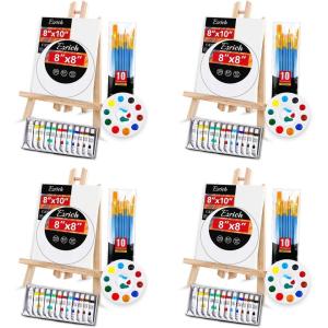 ESRICH Acrylic Paint Canvas Set,104 Piece Professional Painting Supplies Kit with 4 Wood Easel, 4 * 12Colors, 4 * 10 Paint Brushes, Canvas Etc, Premium Paint Kit for Artists Beginner