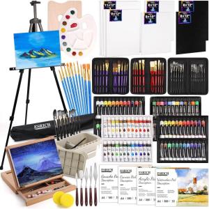 ESRICH Acrylic Paint Canvas Set,52 Piece Professional Painting Supplies Kit with 2 Wood Easel,2 * 12Colors,2 * 10 Brushes,Circular Canvas Etc,Premium Paint Kit for Kids,Students, Artists and Beginner(96Color)