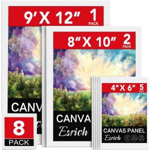 ESRICH Canvases for Painting, 36 Pack Canvas Boards 4×4, 6×6, 8×8, 5×7, 8×10, 9×12, 11×14, Round Canvas Panels with 8×8,10×10-Cotton Primed Blank Large Canvases for Acrylic, Oil, Gouache & Tempera.(8 pack canvas panel-3 size)