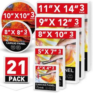ESRICH Canvases for Painting, 36 Pack Canvas Boards 4×4, 6×6, 8×8, 5×7, 8×10, 9×12, 11×14, Round Canvas Panels with 8×8,10×10-Cotton Primed Blank Large Canvases for Acrylic, Oil, Gouache & Tempera.(21 Packs Canvas Panel – 7 Sizes(3 of Each))