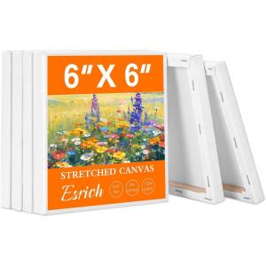 ESRICH Mini Stretched Canvas 24Pack 2x2inch, 2/5”Profile Art Primed Canvases for Painting, Cotton Small Professional Stretched Canvas for Kids and Art Supplies.(6x6in-6Pack)