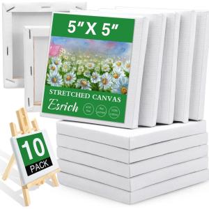 ESRICH Stretched Canvas, 6 Pack 8×8, Primed Acid-Free, Wood Framed Blank Canvas, Art Canvases for Beginners, Artists, Used for Oil, Acrylic Paint, Pouring Painting(10 Packs Stretched Canvas – 5*5in)