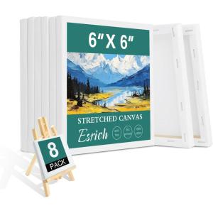ESRICH Stretched Canvas, 6 Pack 8×8, Primed Acid-Free, Wood Framed Blank Canvas, Art Canvases for Beginners, Artists, Used for Oil, Acrylic Paint, Pouring Painting(8 Packs Stretched Canvas – 6*6in)