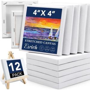 ESRICH Stretched Canvas, 6 Pack 8×8, Primed Acid-Free, Wood Framed Blank Canvas, Art Canvases for Beginners, Artists, Used for Oil, Acrylic Paint, Pouring Painting(12 Packs Stretched Canvas – 4*4in)