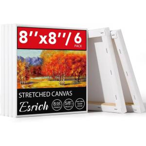ESRICH Stretched Canvas, 6 Pack 8×8, Primed Acid-Free, Wood Framed Blank Canvas, Art Canvases for Beginners, Artists, Used for Oil, Acrylic Paint, Pouring Painting(6 Packs Stretched Canvas – 8*8in)