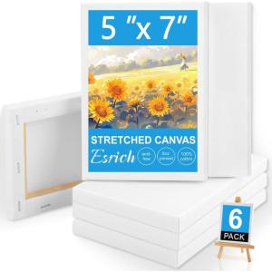 ESRICH Stretched Canvas, 6 Pack 8×8, Primed Acid-Free, Wood Framed Blank Canvas, Art Canvases for Beginners, Artists, Used for Oil, Acrylic Paint, Pouring Painting(6 Packs Stretched Canvas – 5*7in)