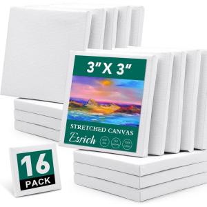 ESRICH Stretched Canvas, 6 Pack 8×8, Primed Acid-Free, Wood Framed Blank Canvas, Art Canvases for Beginners, Artists, Used for Oil, Acrylic Paint, Pouring Painting(16 Packs Stretched Canvas – 3*3in)