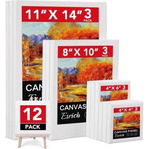 ESRICH Stretched Canvas for Painting, 12 Pack 4×4, 4×6, 8×10, 11×14(3 of Each) Canvas Set, Multi-Size Blank Canvases for Painting, Primed Paint Canvas for Kids, Adults, Beginners, Artists.(4x4in 4x6in 8x10in 11x14in)