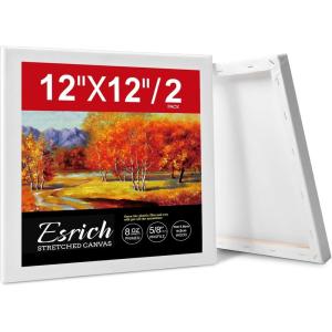 ESRICH Stretched Canvas for Painting 12×12 Inch, 2 Pack Blank Canvas -5/8 in Profile Primed Cotton White Canvases for Painting for Oil & Acrylic Paint(12×12)