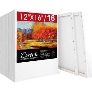ESRICH Stretched Canvas for Painting, 8 Pack 9×12 Inch Canvas Value Pack,Primed Acid-Free Cotton Blank Canvases, Painting Canvas for Oil & Acrylic Paint.(12X16IN 16 Packs)