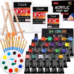 ESRICH Acrylic Paint Set 12 Colors (2 Pack) With 20 Paint Brushes, 24 Acrylic Paints for Adults, Beginner, Professional Artists, Non-Toxic Craft Paint kit for Paper, Canvas, Rock,Wood, Ceramic(24 Color)