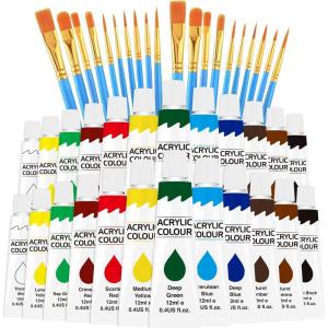 ESRICH Acrylic Paint Set 12 Colors (2 Pack) With 20 Paint Brushes, 24 Acrylic Paints for Adults, Beginner, Professional Artists, Non-Toxic Craft Paint kit for Paper, Canvas, Rock,Wood, Ceramic(12 Color (2 Set))