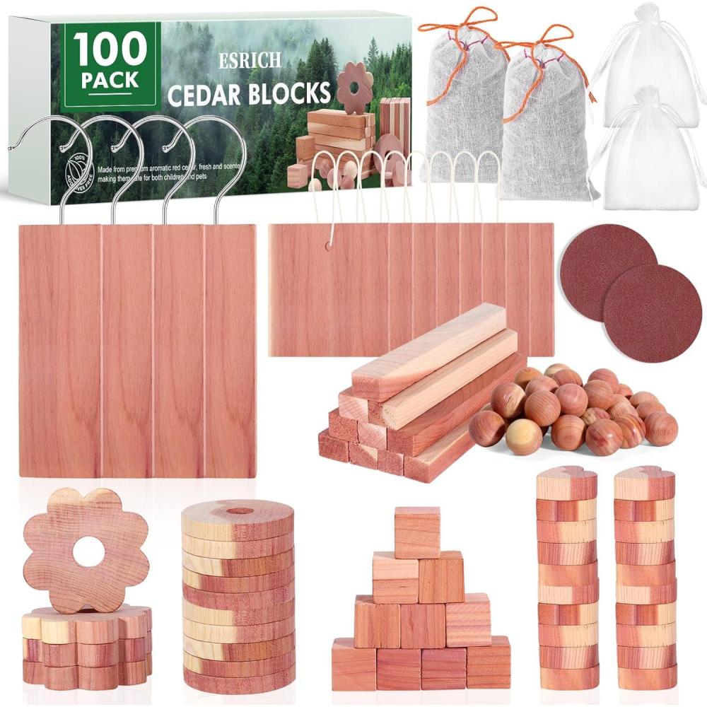 imageESRICH Cedar Blocks for Clothes Storage 100PCSCedars Planks with Metal Hooks Cedar Wood Chips Cedars Rings and Balls for Closets and Drawers