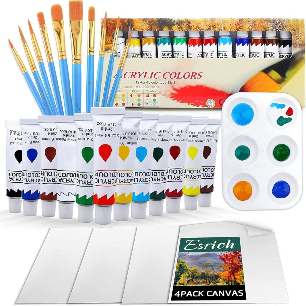 imageESRICH Acrylic Paint SetPaint Set with 10 Paint Brushes12 Color 12ml Acrylic Paint1 Palettes and 4 Pcs Canvas for Students Artists and Beginner Art Supplies