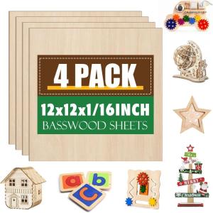 4 Pack Basswood Sheets 1/16x12x12 Inch,1/16 Basswood for Laser Cutting & Engraving, Thin Balsa Wood Sheets, Unfinished Wood for Crafts, Plywood Sheets for Models Making, Wood Burning and Painting.(4 Pack)
