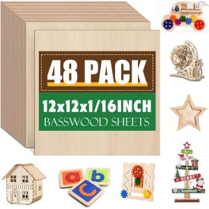 4 Pack Basswood Sheets 1/16x12x12 Inch,1/16 Basswood for Laser Cutting & Engraving, Thin Balsa Wood Sheets, Unfinished Wood for Crafts, Plywood Sheets for Models Making, Wood Burning and Painting.(48 Pack)
