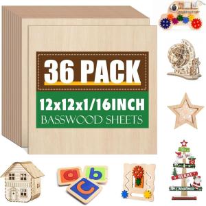 4 Pack Basswood Sheets 1/16x12x12 Inch,1/16 Basswood for Laser Cutting & Engraving, Thin Balsa Wood Sheets, Unfinished Wood for Crafts, Plywood Sheets for Models Making, Wood Burning and Painting.(36 Pack)