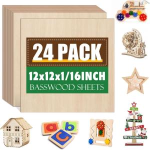 4 Pack Basswood Sheets 1/16x12x12 Inch,1/16 Basswood for Laser Cutting & Engraving, Thin Balsa Wood Sheets, Unfinished Wood for Crafts, Plywood Sheets for Models Making, Wood Burning and Painting.(24 Pack)