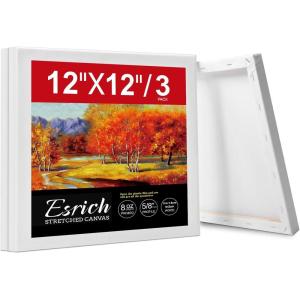 ESRICH Stretched Canvas for Painting, 3 Pack 8×10 Canvas Value Pack, Primed Acid-Free Cotton Blank Canvas, Paint Canvases for Oil & Acrylic Paint.(12x12in 3pack)
