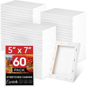 ESRICH Stretched Canvas for Painting 5×7, 60 Pack Small Canvases for Painting 5/8″ Profile Primed Acid-Free Blank Painting Canvas for Kids & Artists for Decorations, Painting Parties.(60Pack-5×7 Canvas)