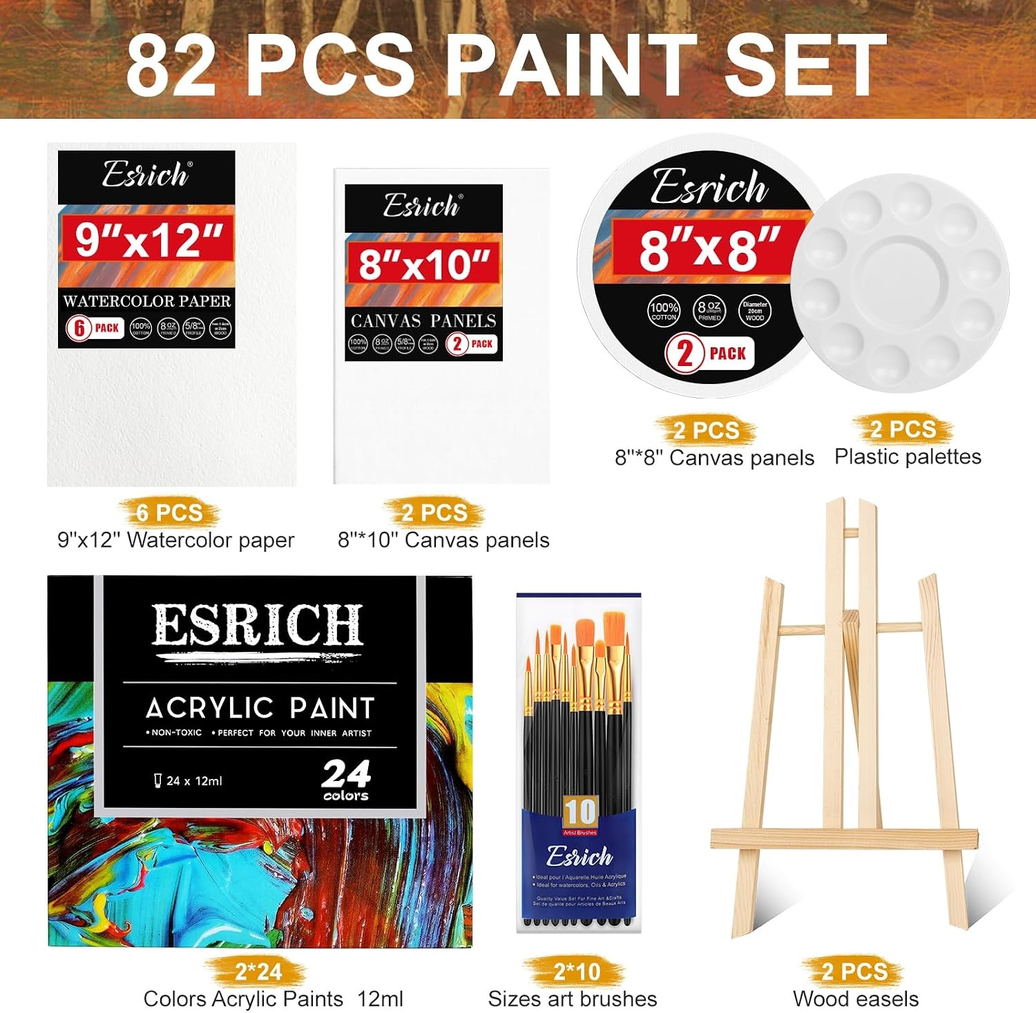 image:imageESRICH 82 PCS Acrylic Paint Kit Painting Supplies Kit with 2 Wood Easel 2 24 Colors Acrylic Paint 2 10 Brushes Canvas Paper Pads Paint Kit for Kids Adults and Artists