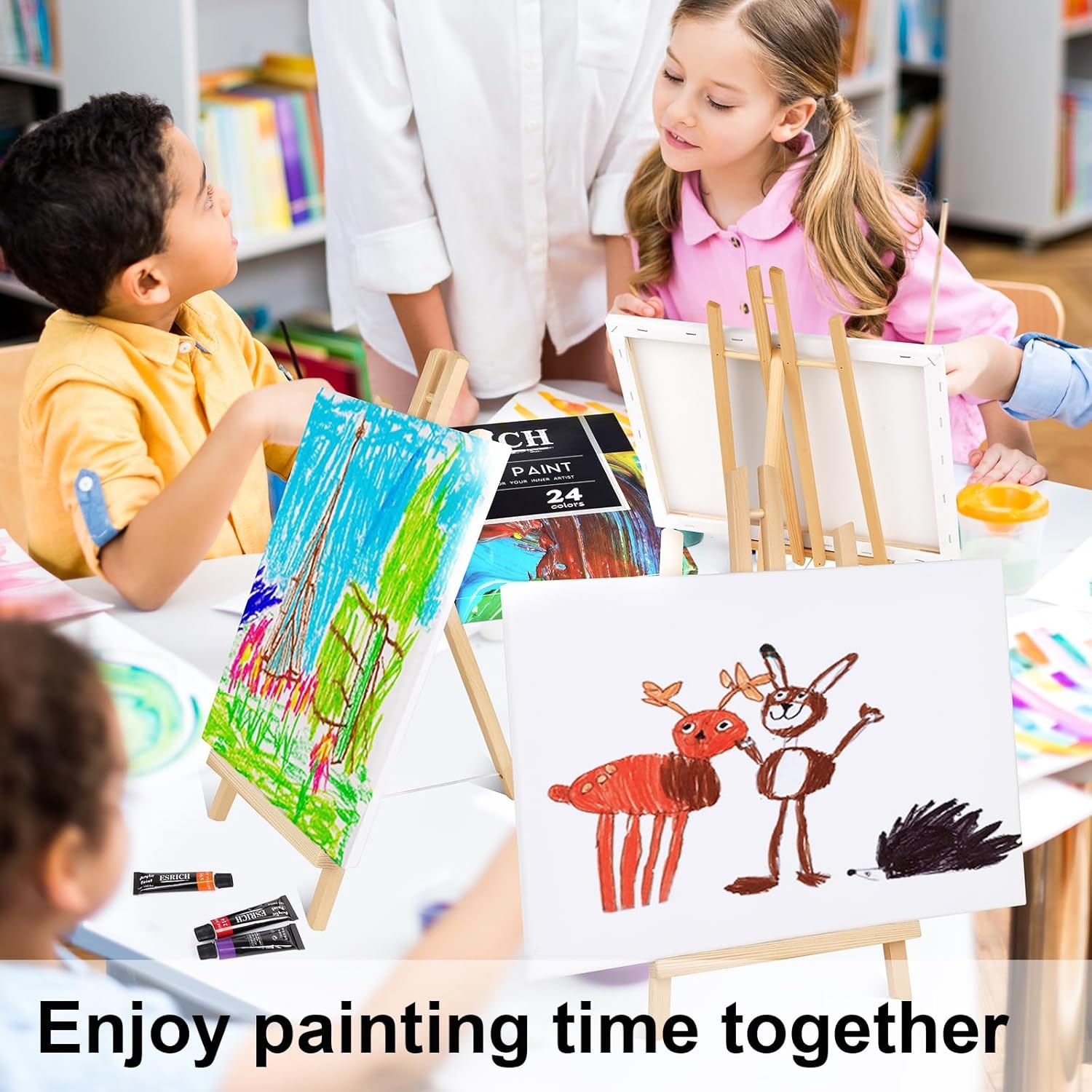 image:imageESRICH 82 PCS Acrylic Paint Kit Painting Supplies Kit with 2 Wood Easel 2 24 Colors Acrylic Paint 2 10 Brushes Canvas Paper Pads Paint Kit for Kids Adults and Artists