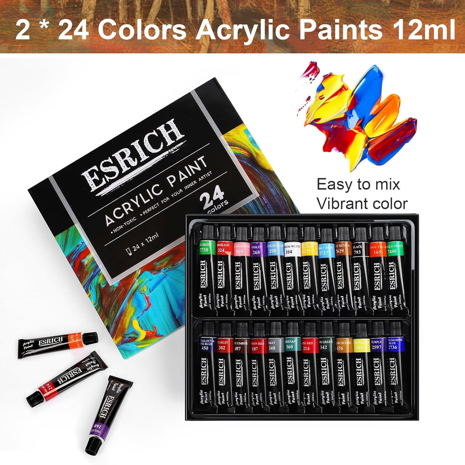 image:imageESRICH 82 PCS Acrylic Paint Kit Painting Supplies Kit with 2 Wood Easel 2 24 Colors Acrylic Paint 2 10 Brushes Canvas Paper Pads Paint Kit for Kids Adults and Artists