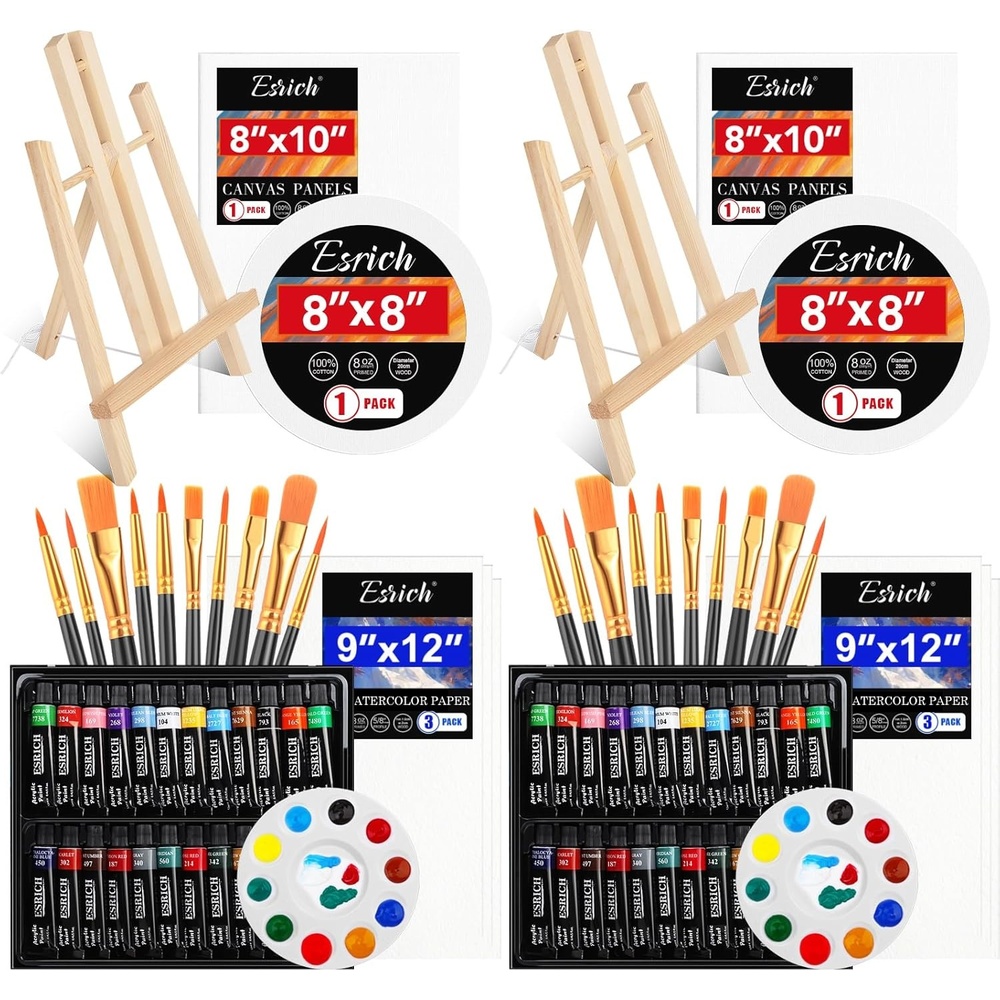 image:imageESRICH 82 PCS Acrylic Paint Kit Painting Supplies Kit with 2 Wood Easel 2 24 Colors Acrylic Paint 2 10 Brushes Canvas Paper Pads Paint Kit for Kids Adults and Artists
